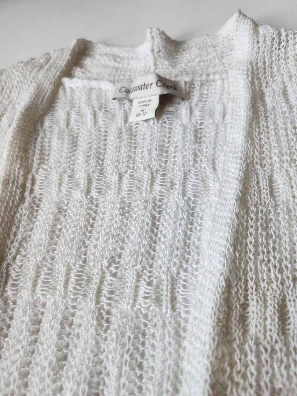 Boho Coastal White Open Knit Short Sleeve Minimalist Cardigan Summer Layering M - Picture 7 of 10